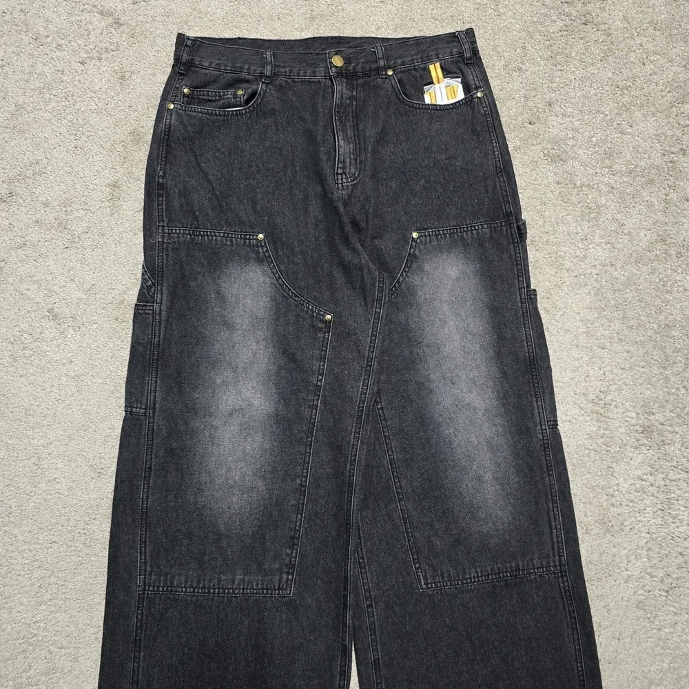 VTG Black Dart Double Knee Baggy Cargo Carpenter Jeans Mens M 33 Embroidered 90s